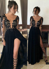 Party Dress Long Dress, Chiffon Long/Floor-Length A-Line/Princess Full/Long Sleeve Bateau Zipper Up At Side Prom Dress With Appliqued