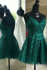 Prom Dresses Sleeves, Cute A Line V Neck Backless Green Lace Prom Dress, Short Backless Green Lace Formal Graduation Homecoming Dress