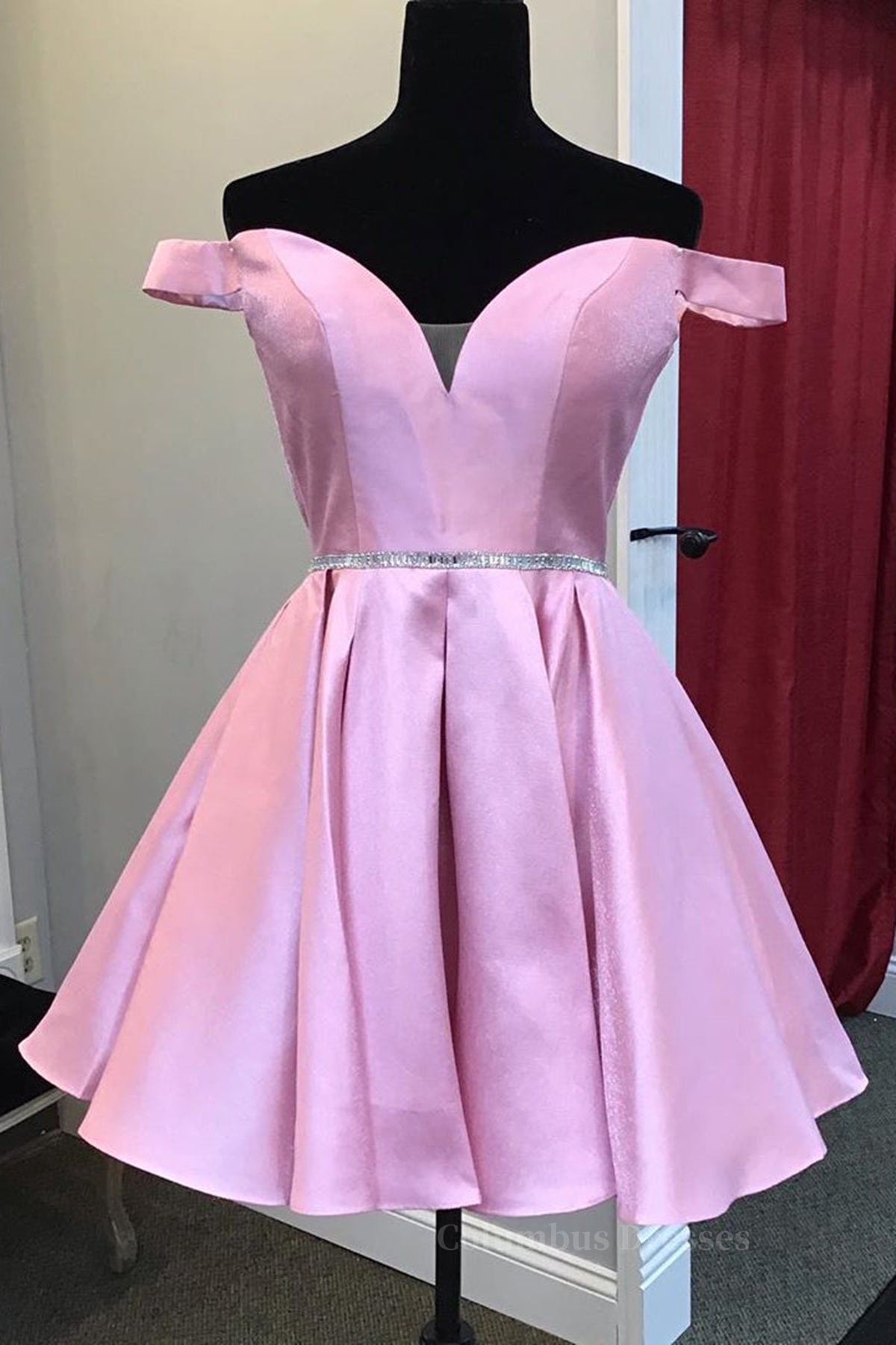 Prom Dresses Lace, Cute Off Shoulder Pink Satin Short Prom Dresses, Off the Shoulder Pink Homecoming Dresses, Pink Formal Graduation Evening Dresses