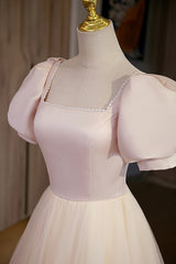 Pleated Dress, Cute Satin Tulle Long Prom Dress, A-Line Short Sleeve Evening Dress