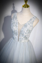 Prom Dress With Tulle, Cute V-Neck Tulle Long Prom Dress, Gray Evening Dress Party Dress