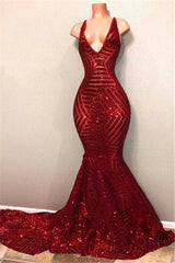 Evening Dress Italy, Red Sequins Shiny V-Neck Mermaid Long Prom Dresses