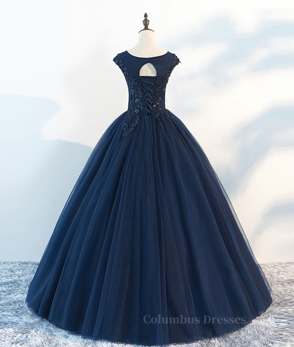 Party Dress Shiny, Dark blue round neck tulle lace long prom dress, blue tulle lace evening dress