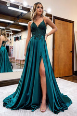 Dark Green Satin A-Line Appliques Prom Dress with Slit