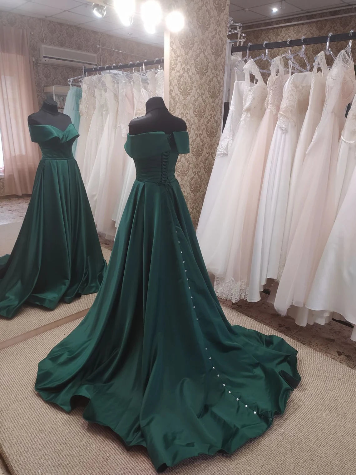 Formal Dresses Long Sleeved, Dark Green Satin Off Shoulder Long Formal Dress with Slit, Long Evening Dresses