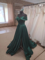 Formal Dress Long Sleeve, Dark Green Satin Off Shoulder Long Formal Dress with Slit, Long Evening Dresses