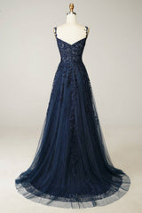 Bridesmaids Dresses Online, Dark Navy A-line V Neck Tulle Applique Boning Long Prom Dress