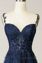 Bridesmaids Dress Online, Dark Navy A-line V Neck Tulle Applique Boning Long Prom Dress