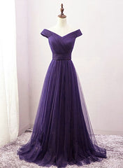 Party Dresses Long Dress, Dark Purple Sweetheart Tulle Off Shoulder Bridesmaid Dress, Long Prom Dress