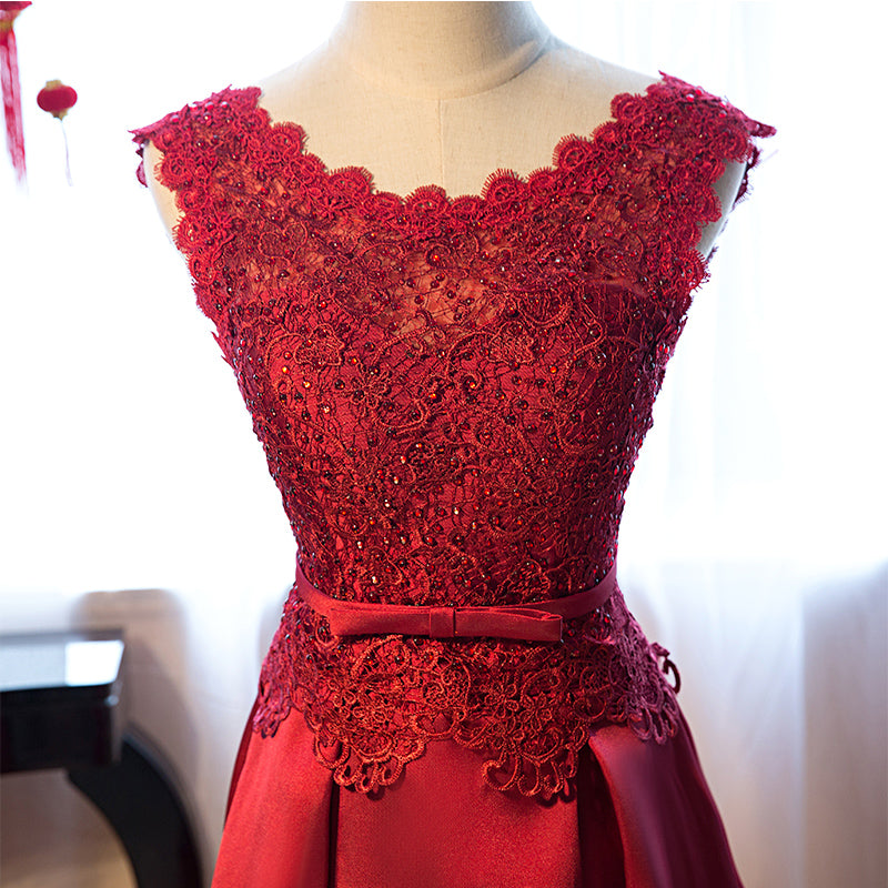 Formal Dresses For Winter, Dark Red Lace Long Junior Prom Dress, Lace Top Party Dress