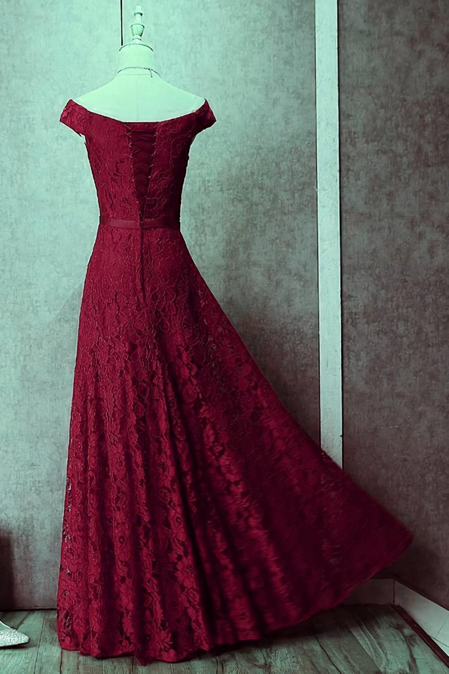 Black Tie Wedding Guest Dress, Dark Red Lace Off Shoulder Bridesmaid Dress, Long Prom Dress