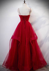 Party Dresses Fall, Burgundy Tulle Long Prom Dresses, V-Neck Evening Dress