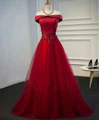 Bridesmaides Dresses Summer, Burgundy Lace Tulle Long Prom Dress, Off Shoulder Evening Dress