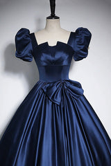 Prom Dress Shops Near Me, Elegant Blue Satin Prom Dresses, Square Neckline Puffy Short Sleeve Bow Backless Floor-Length Formal Dresses