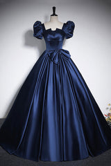 Prom Dress Shopping Near Me, Elegant Blue Satin Prom Dresses, Square Neckline Puffy Short Sleeve Bow Backless Floor-Length Formal Dresses