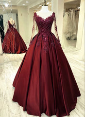 Wedding Dresses Budget, Elegant burgundy wedding dress lace long sleeves ball gown sheer neckline for women prom dress, evening dress