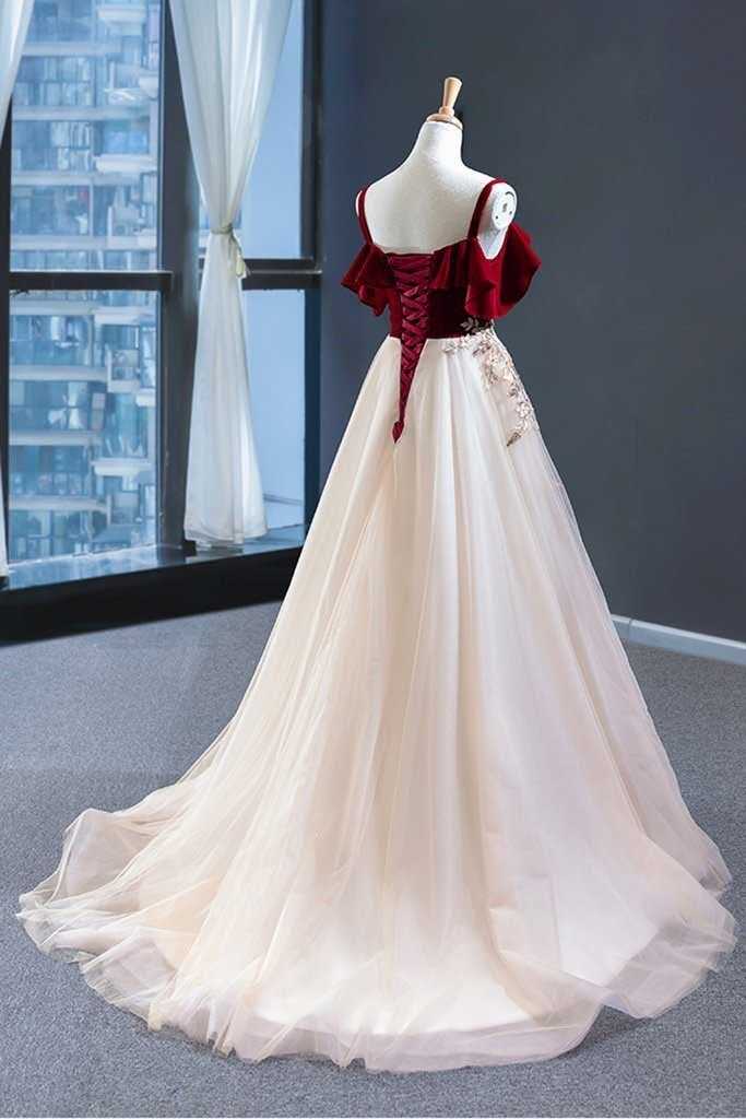 Prom Dresses For Girl, Elegant Straps Tulle with Velvet Red Long Prom Formal Dress,Maxi Dresses