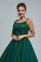 Sage Green Wedding, Dark Green Lace Up Beading Long Prom Dresses