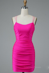 Hoco Dress, Fuchsia Bodycon Double Spaghetti Straps Sparkly Mini Homecoming Dress