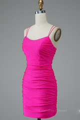 Elegant Dress, Fuchsia Bodycon Double Spaghetti Straps Sparkly Mini Homecoming Dress