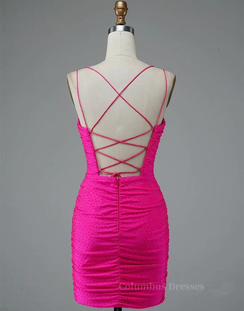 Dress Outfit, Fuchsia Bodycon Double Spaghetti Straps Sparkly Mini Homecoming Dress