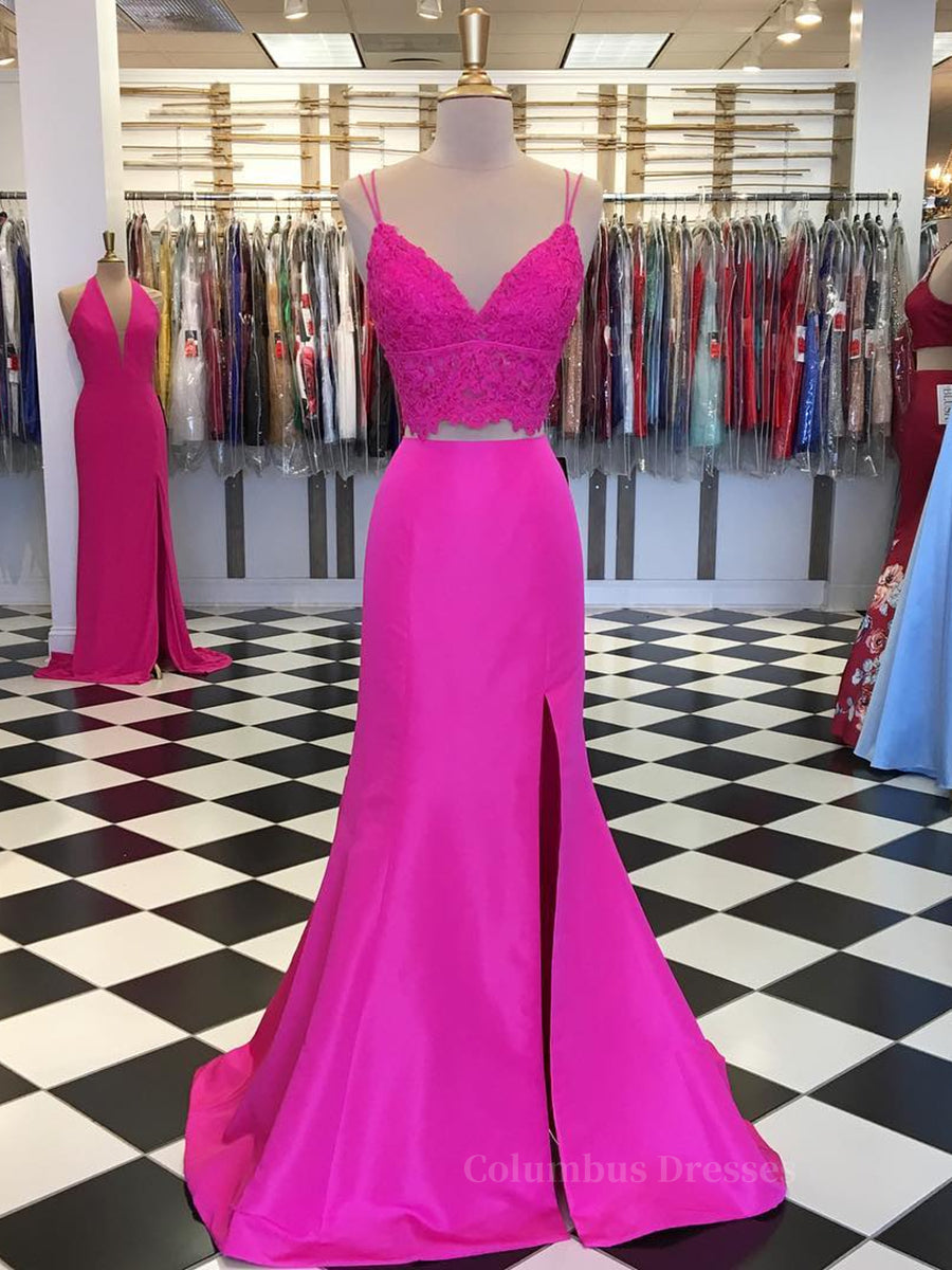 Prom Dresses Mermaid, Fuchsia V Neck Two Pieces Mermaid Lace Top Satin Long Prom Dress with Slit, Mermaid Lace Fuchsia Formal Graduation Evening Dresses