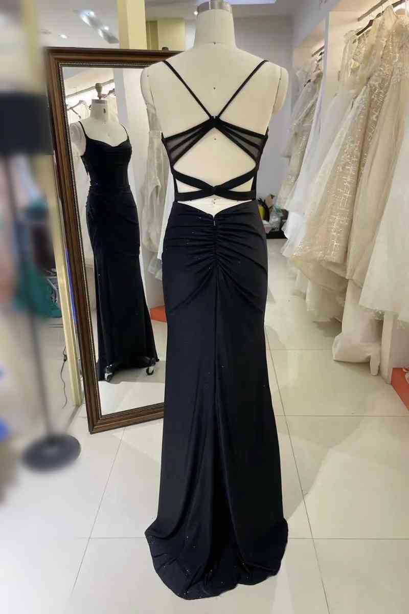 Homecomeing Dresses Blue, Black Pleated Long Prom Dress with Spaghetti Straps