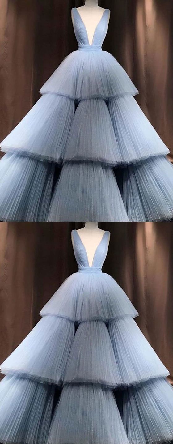 Prom Dress Tulle, Blue V Neck Tulle Long Prom Dress, Blue Tulle Evening Dress