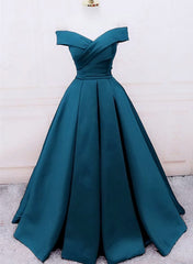 Party Dresses Long Dresses, Glam Blue Satin Long Off Shoulder Party Dress, A-line Prom Dress