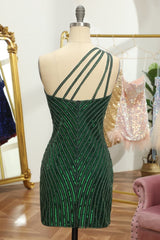 Glitter Dark Green One Shoulder Beaded Tight Homecoming Dress