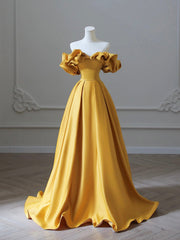 Prom Dresses For Warm Weather, Gold Satin Long Prom Dress, Off Shoulder A-Line Formal Evening Dresses