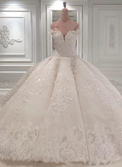 Wedding Dresses Near Me, Gorgeous Long Off The Shoulder Beadings Ball Gown Wedding Dress