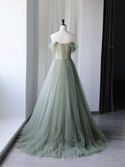 Bridesmaid Dresses Long Sleeve, Gray Green Tulle Off Shoulder Long Prom Dress, Gray Green Formal Graduation Dresses