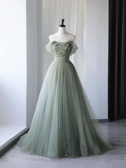 Bridesmaid Dresses Long Sleeves, Gray Green Tulle Off Shoulder Long Prom Dress, Gray Green Formal Graduation Dresses