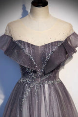 Party Dress Luxury, Gray Scoop Neckline Tulle Long Formal Dress, A-Line Evening Graduation Dress