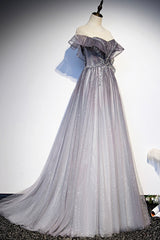 Party Dress Aesthetic, Gray Scoop Neckline Tulle Long Formal Dress, A-Line Evening Graduation Dress