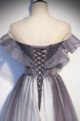 Party Dresses Black, Gray Scoop Neckline Tulle Long Formal Dress, A-Line Evening Graduation Dress