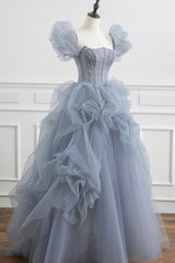 Winter Formal Dress, Gray Tulle Long A-Line Prom Dress, Gray Short Sleeve Evening Dress