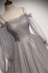 Homecoming Dresses For Girl, Gray Tulle Long Sleeve A-Line Prom Dress, Spaghetti Straps Formal Evening Dress