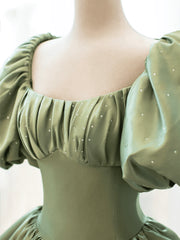 Black Wedding Dress, Green Satin Puffy Sleeves Long Formal Dress, Green Satin Prom Dress Party Dress