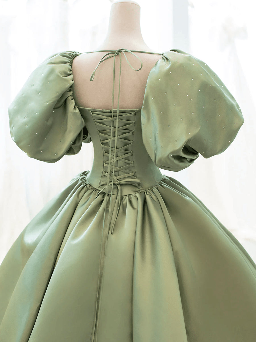 Blue Prom Dress, Green Satin Puffy Sleeves Long Formal Dress, Green Satin Prom Dress Party Dress