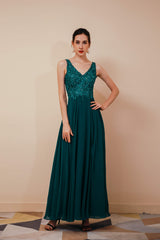 Party Dress Nye, V-Neck Chiffon Appliques A Line Long Prom Dresses