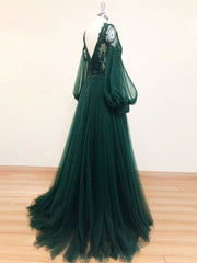 Long Sleeve Wedding Dress, Green V Neck Lace A line Long Prom Dress,Tulle Evening Dresses Long Sleeve