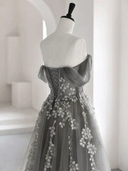 Prom Inspo, Grey Off Shoulder Tulle with Lace Applique Long Party Dress,Grey Prom Dress