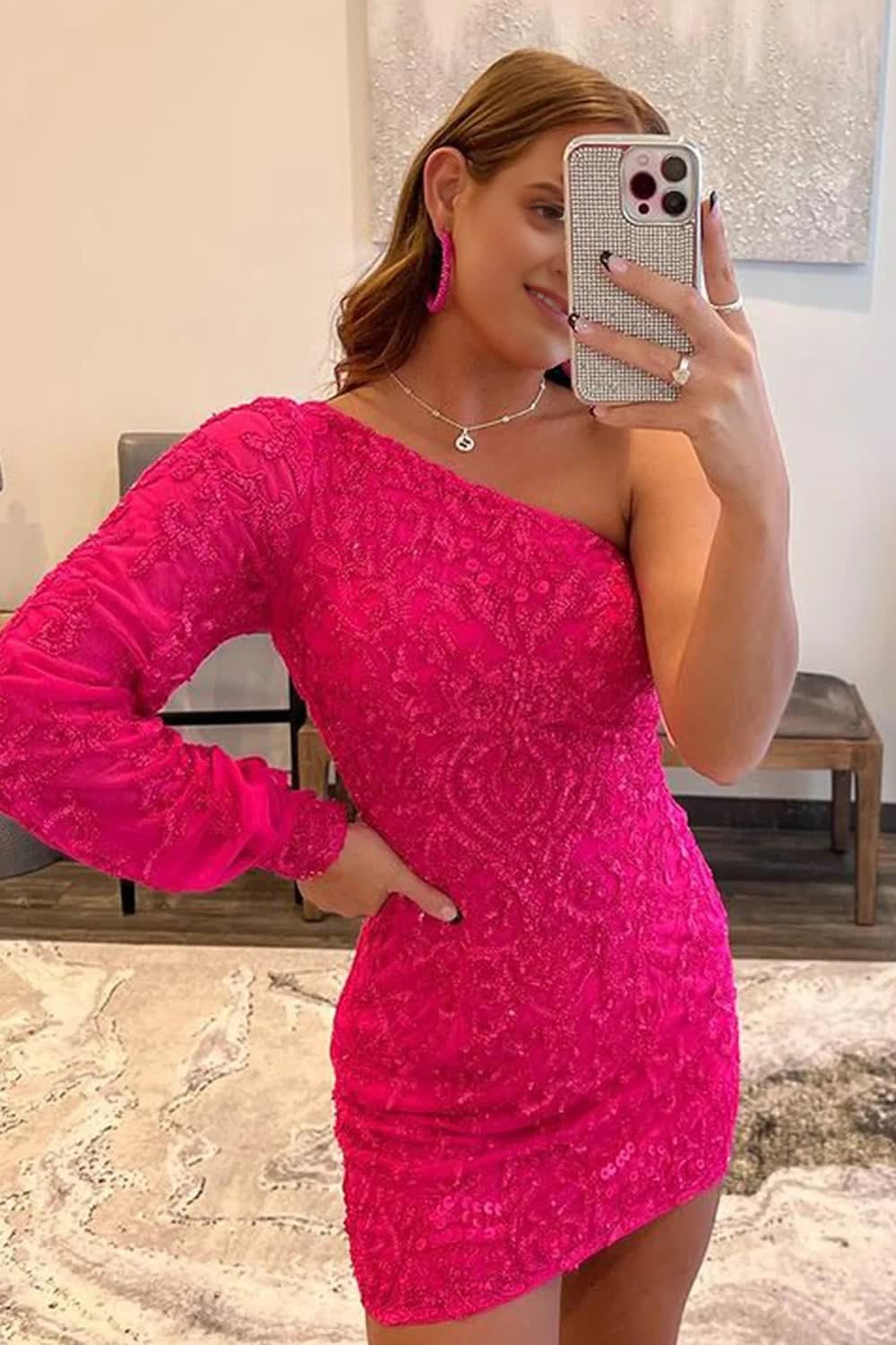 Hot Pink Beaded Sequins One Shoulder Tight Homecoming Dress