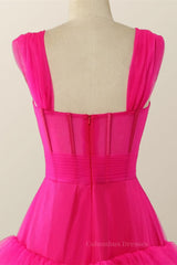 Bridesmaids Dresses Fall Wedding, Hot Pink Corset Tiered Layers Long Dress