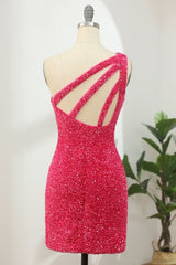 Hot Pink Open Sequins One Shoulder Tight Homecoming Dress