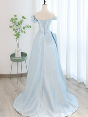 Evening Dress Black, Blue Satin Tulle Long Prom Dress, Off Shoulder Formal Evening Dress