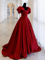 Party Dress Pattern, Burgundy Satin Long Prom Dress, A-Line Evening Party Dress