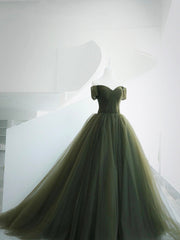 Prom Dresses Light Blue, Green Tulle Long Prom Dress, A-Line Off Shoulder Evening Dress